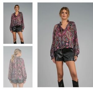 Elan Black Fuchsia Paisley Print Sheer Blouse – Size Small